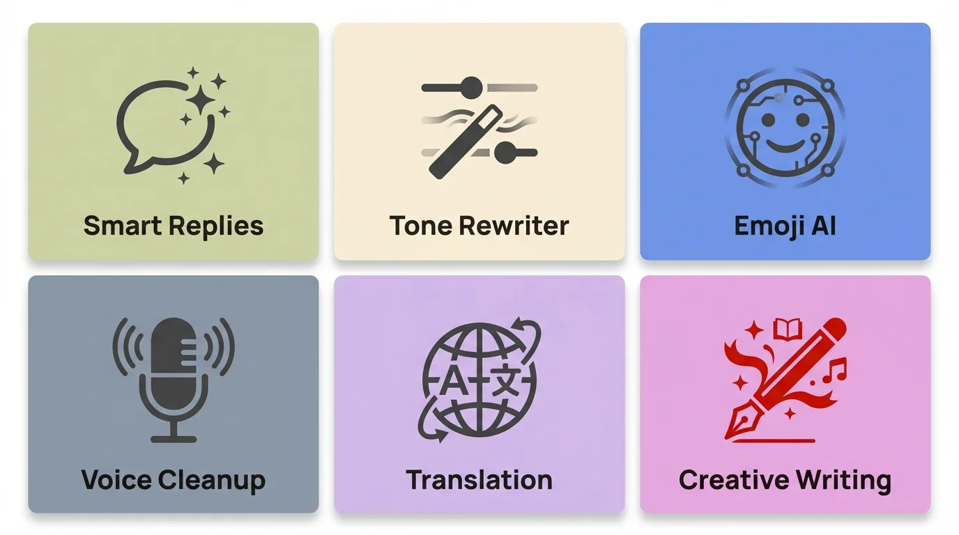 CleverType AI Keyboard Features Overview: Smart Replies, Tone Rewriter, Emoji AI, Voice Cleanup, Translation, and Creative Writing tools at a glance