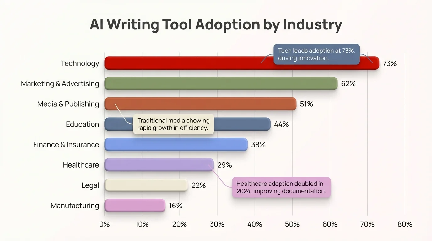 AI Writing Business Applications Dashboard - Key metrics showing where companies use AI writing across marketing, customer support, sales, and internal communication