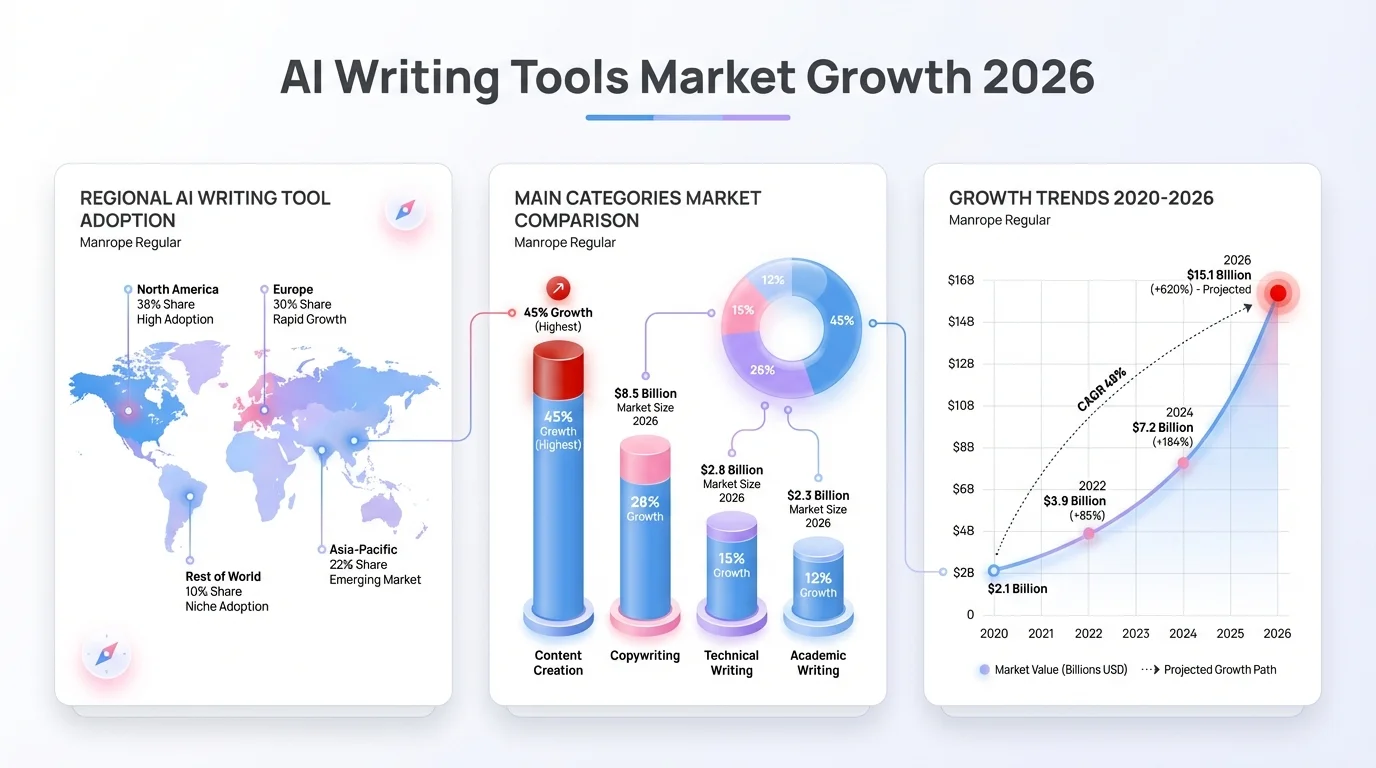 AI Writing Tools Market Growth 2026 - Data visualization showing market size, adoption rates, and growth trends