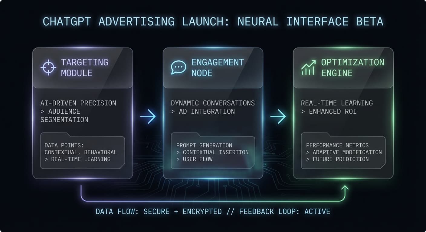 ChatGPT advertising launch timeline and key details infographic