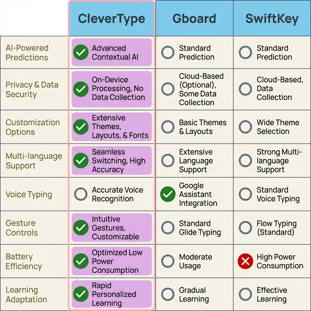 AI Keyboard Comparison: CleverType vs Gboard vs SwiftKey Feature Matrix