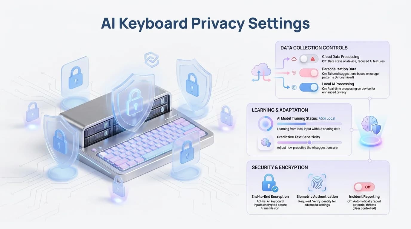 AI keyboard privacy settings infographic showing key toggles to disable: cloud data contribution, cloud sync, and how to verify private mode activates in sensitive apps