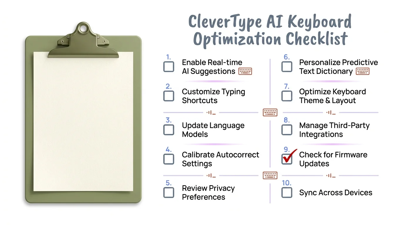 CleverType AI keyboard optimization checklist infographic covering autocorrect, privacy, prediction, gestures, personal dictionary, and language settings