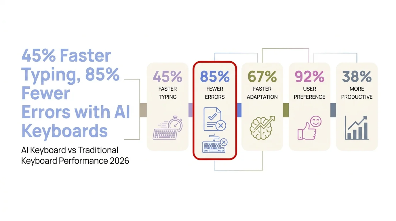 AI keyboard performance statistics: 45% faster typing speed, 85% fewer errors, and 47% less time revising messages compared to traditional keyboards