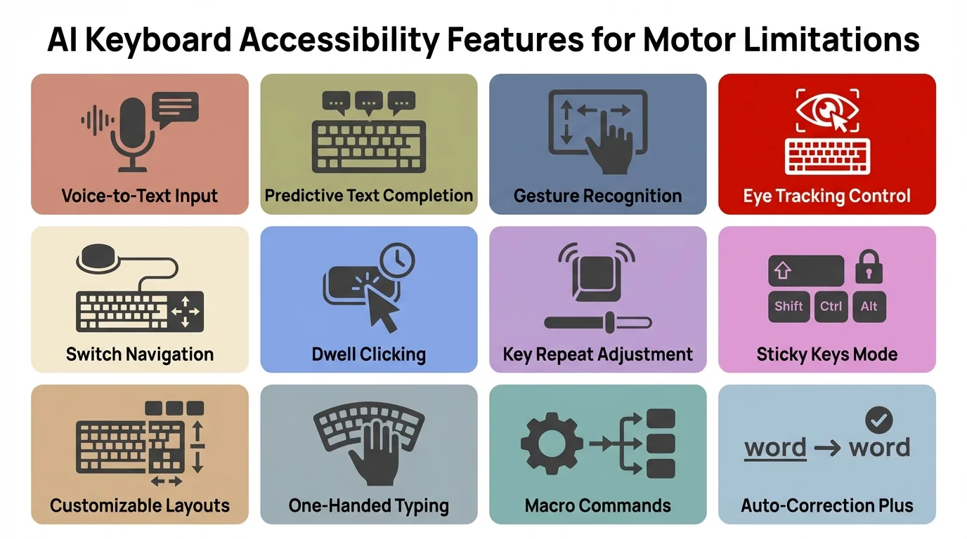 AI Keyboard Accessibility Features for Motor Limitations - Including voice-to-text, predictive text, gesture recognition, switch navigation, and customizable layouts