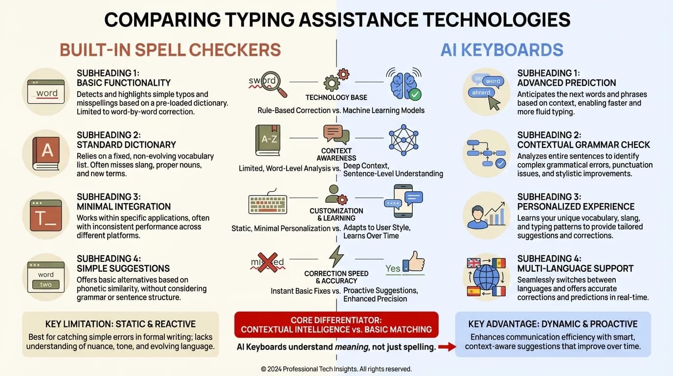 Built-In Spell Checkers vs AI Keyboards Comparison: Key Differences in Error Detection, Learning, and Professional Writing Support