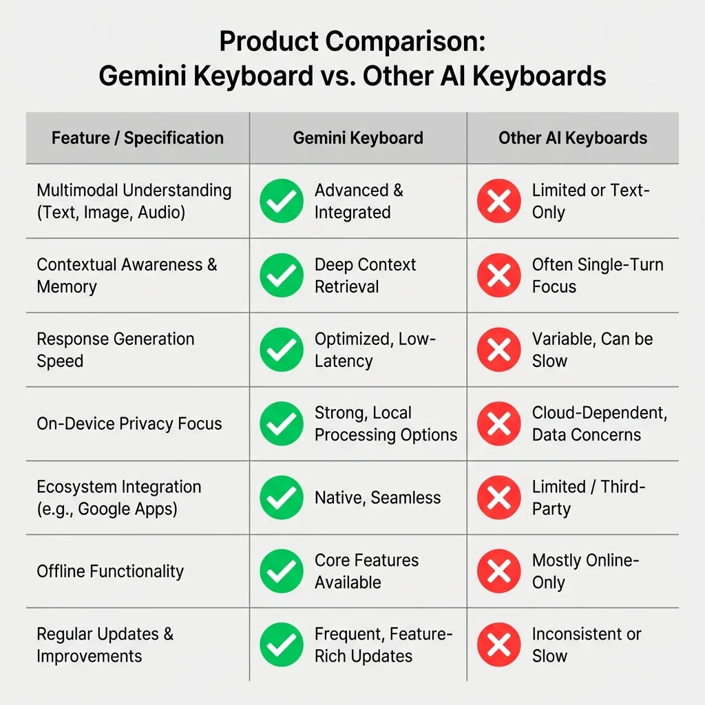 Gemini Keyboard vs Other AI Keyboards Comparison - Product comparison matrix showing features like on-device processing, pricing, grammar depth, tone rewriting, and privacy across different AI keyboard apps