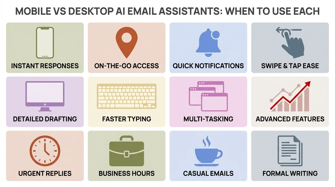 Mobile vs Desktop AI Email Assistants: Quick reference guide showing when to use each platform for optimal productivity