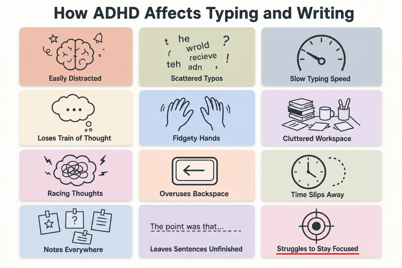 Infographic showing how ADHD affects typing and writing, including working memory gaps, task initiation delay, hyperfocus drift, and emotional reactivity to errors