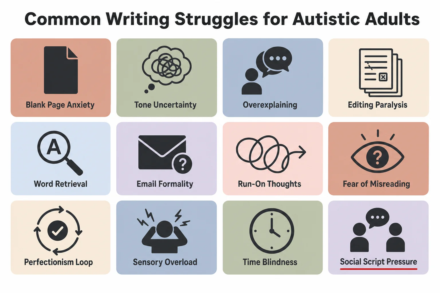 Common writing struggles for autistic adults, including tone uncertainty, overexplaining, and editing paralysis