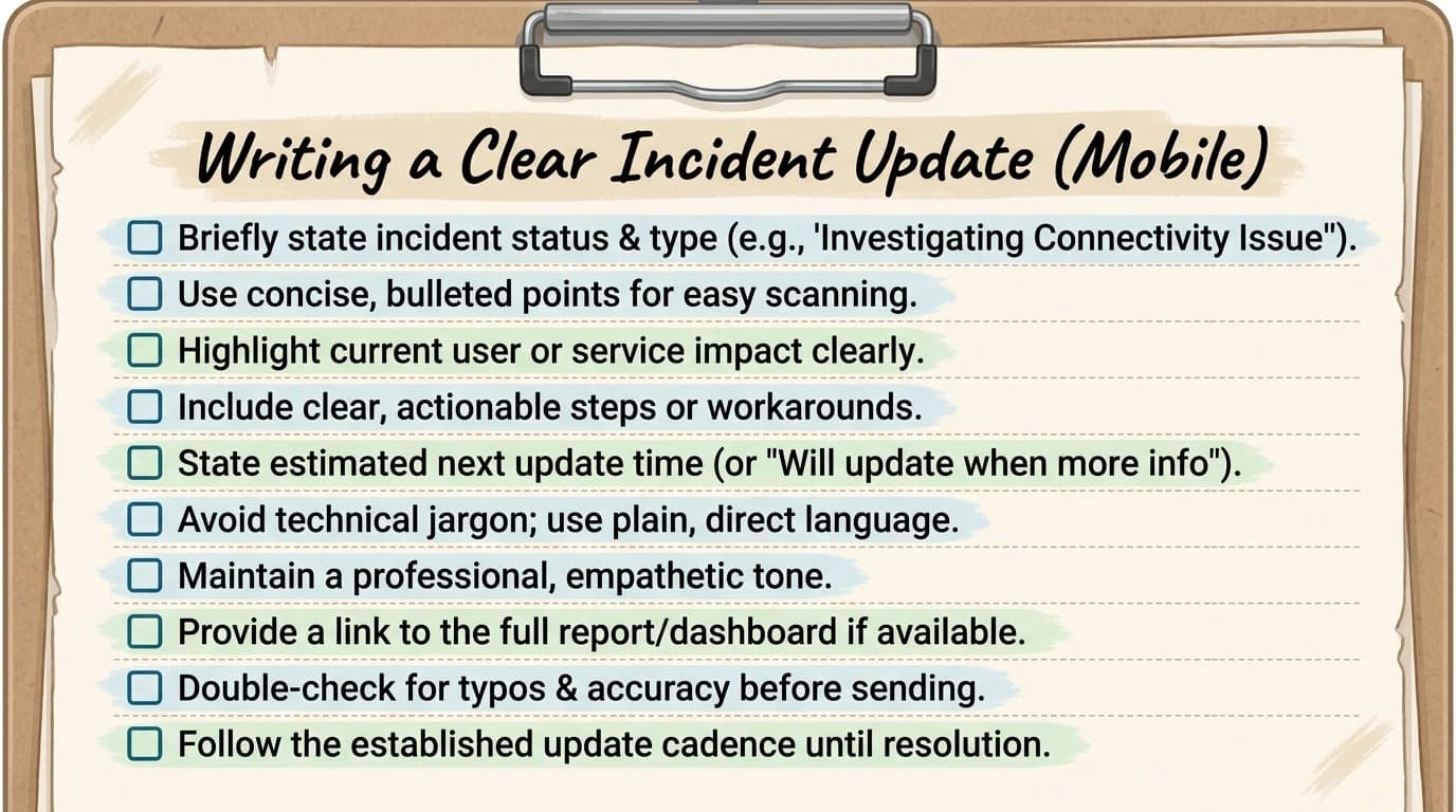 Checklist infographic showing the four-step structure for writing a clear incident update on mobile: state impact, state action, add timestamp, give next update time