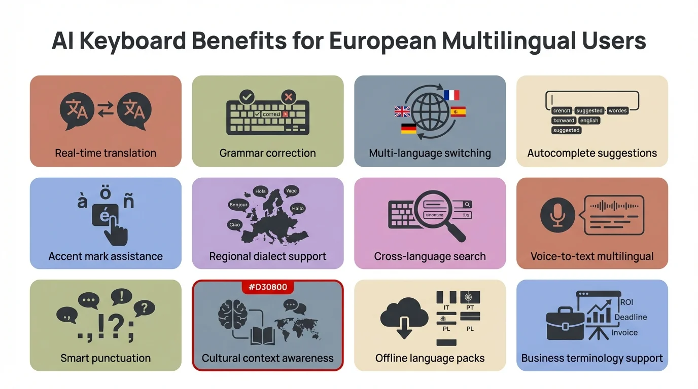 AI keyboard benefits for European multilingual users — 12 key advantages including real-time translation, grammar correction, automatic language switching, and GDPR-safe on-device processing