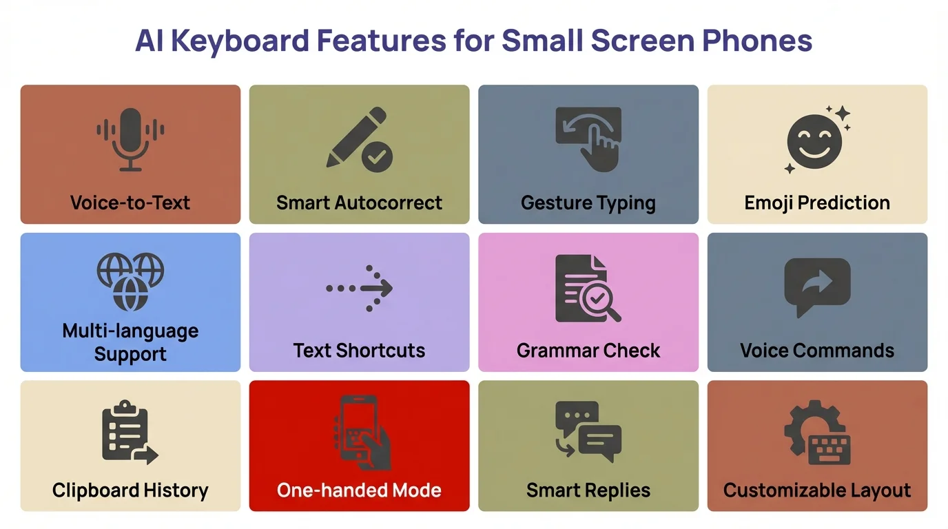 AI Keyboard Features for Small Screen Phones — icon grid showing key capabilities like swipe typing, one-handed mode, smart autocorrect, and on-device AI