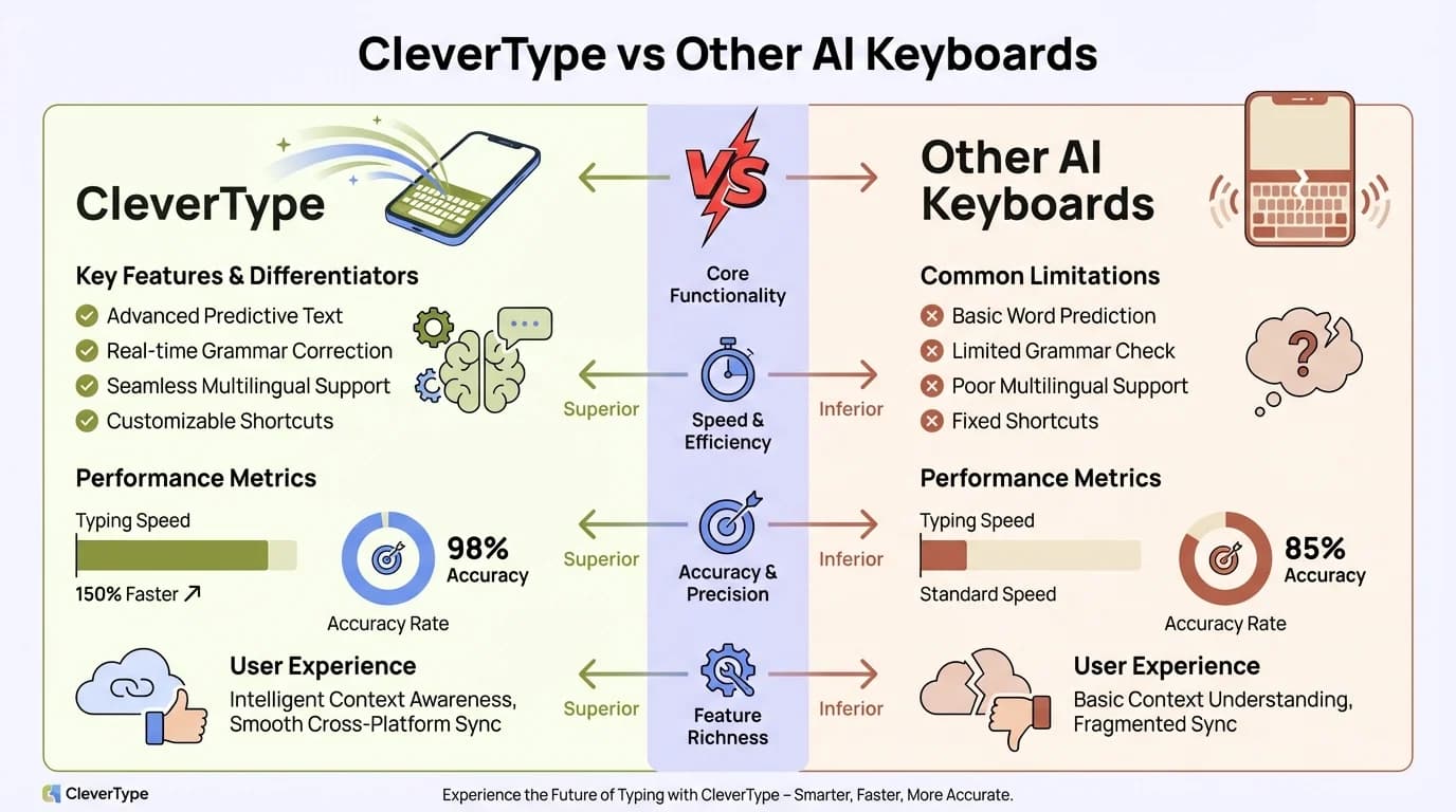 CleverType vs Other AI Keyboards comparison — CleverType wins on on-device AI, privacy, one-handed mode, and lightweight performance for compact phones
