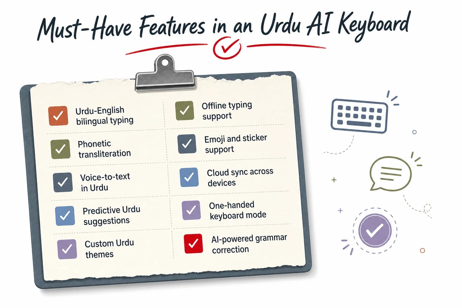 Checklist of must-have features to look for in an Urdu AI keyboard app