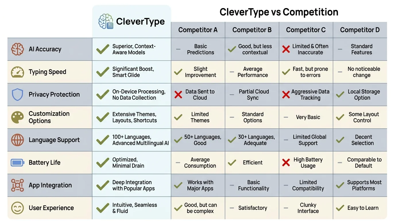 CleverType vs Other AI Keyboards: Feature Comparison Matrix showing on-device processing, custom vocabulary, clipboard management, cross-app context, and privacy