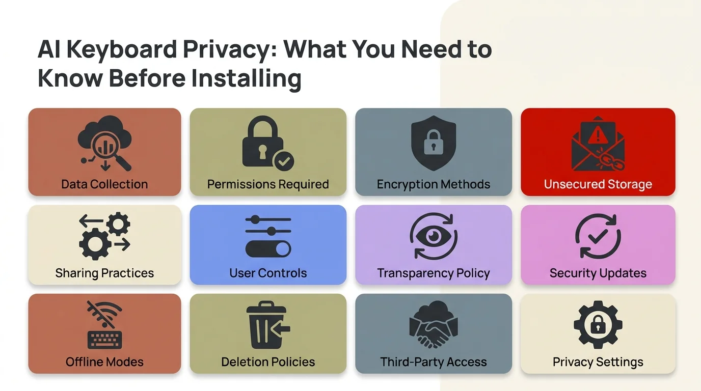 AI Keyboard Privacy Quick Facts: 12 key privacy considerations including data collection, permissions, on-device processing, and third-party data sharing