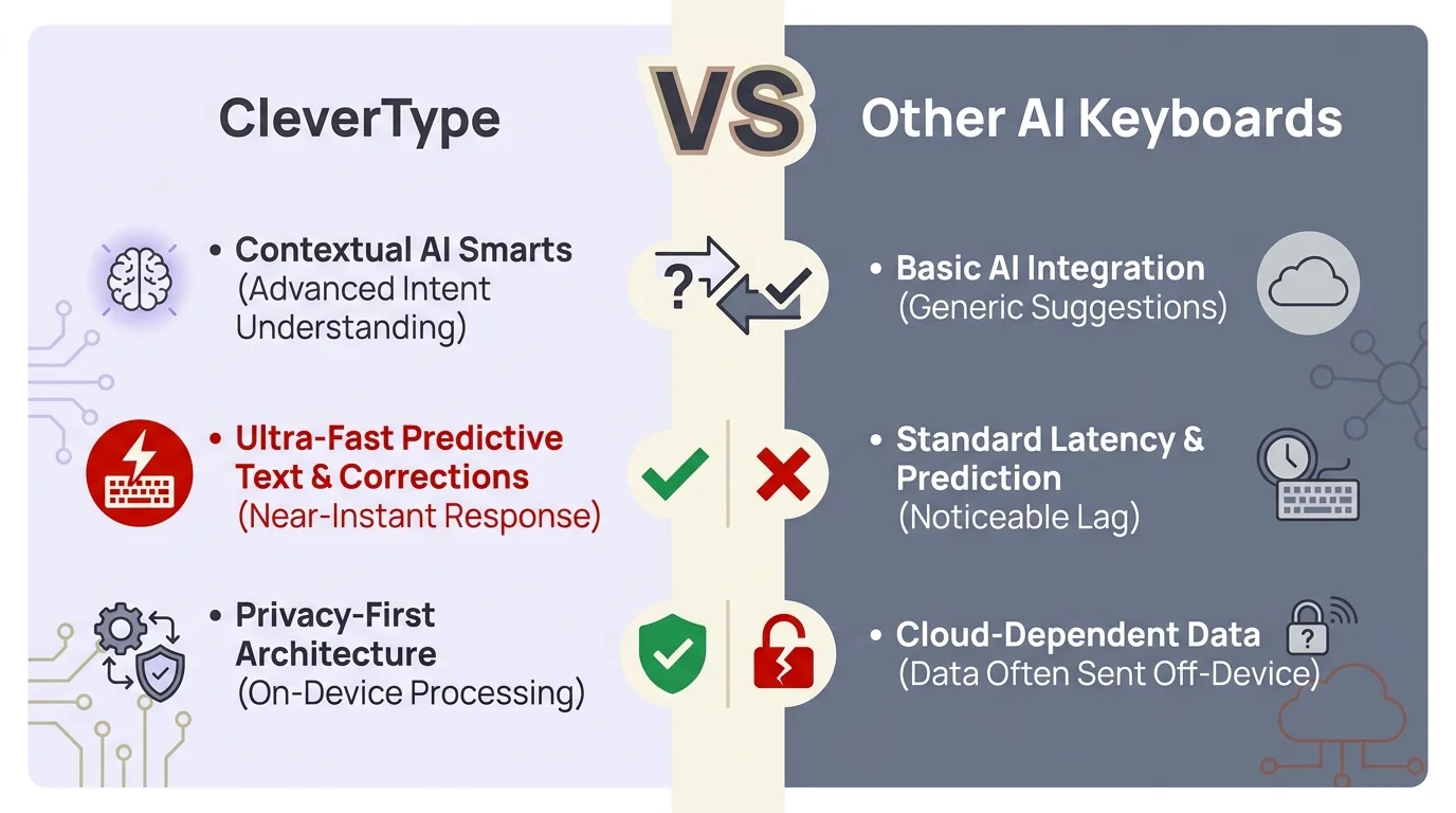 CleverType vs Other AI Keyboards: side-by-side comparison of features including grammar fixing, tone adjustment, smart AI replies, ChatGPT integration, and on-device privacy