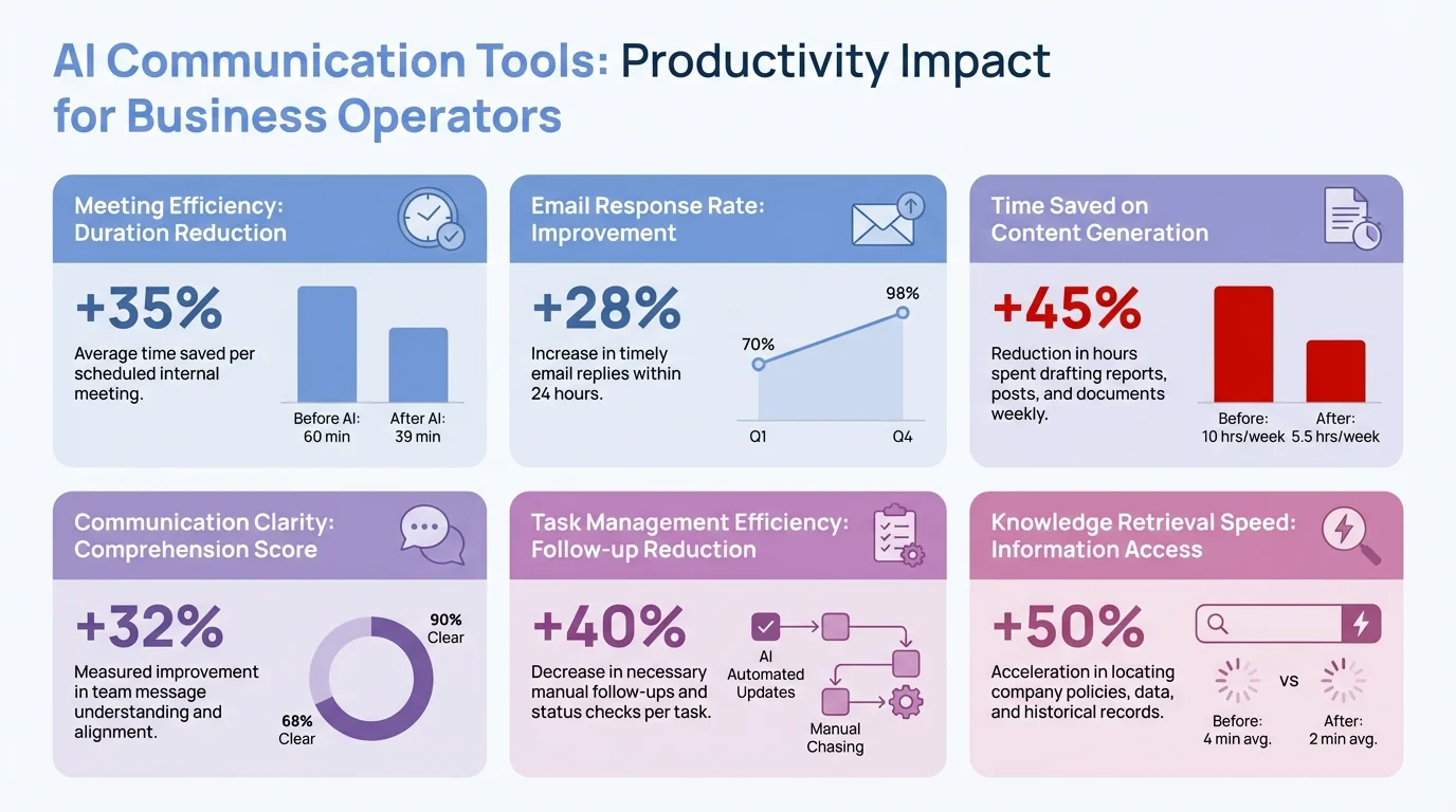 AI Communication Tools Productivity Impact Dashboard - showing key metrics and time savings for business operators