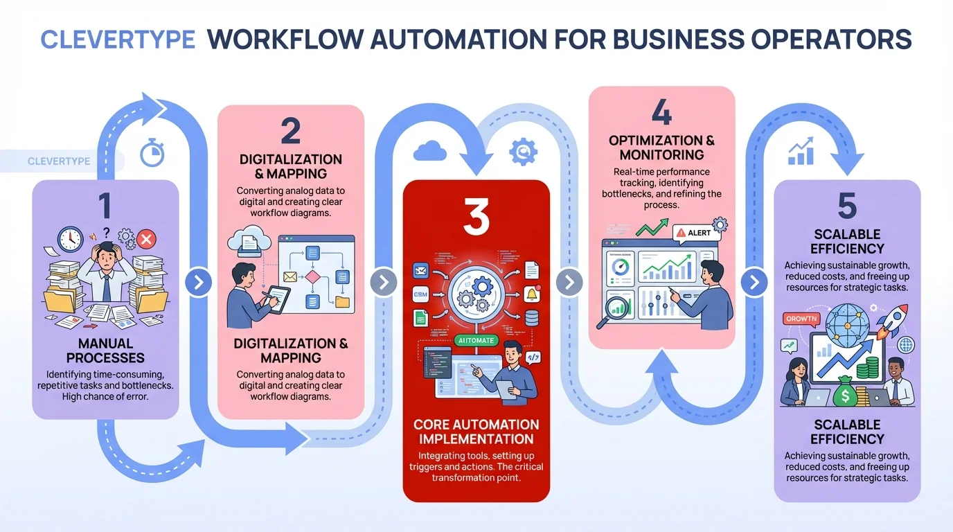 Workflow Automation Process for Business Operators - step-by-step guide showing automation transformation