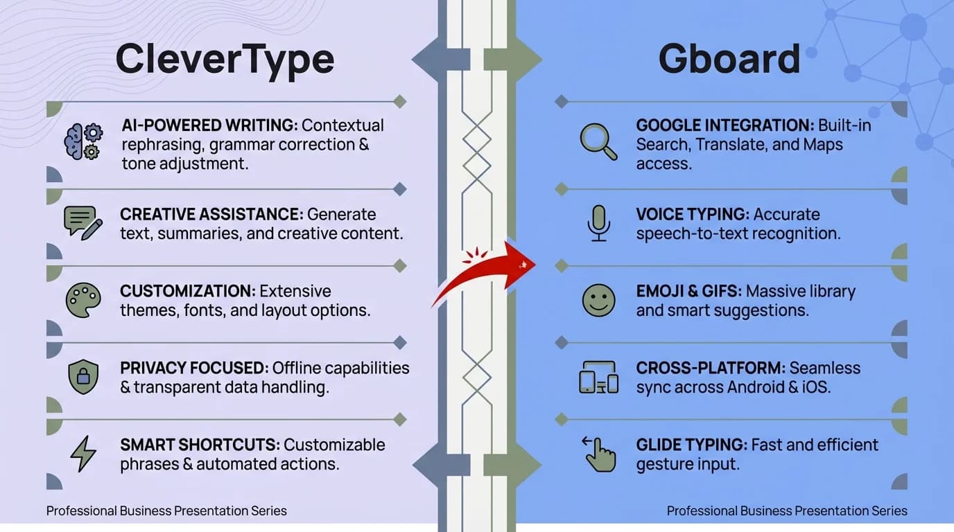 CleverType vs Gboard comparison infographic showing AI grammar checking features side by side