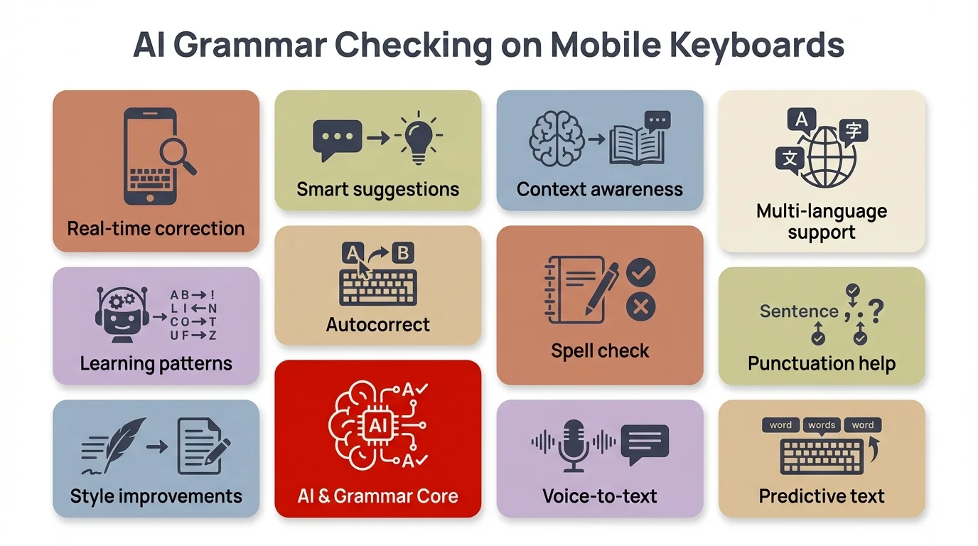 AI grammar checking on mobile keyboards — key features infographic including real-time correction, context awareness, and multi-language support