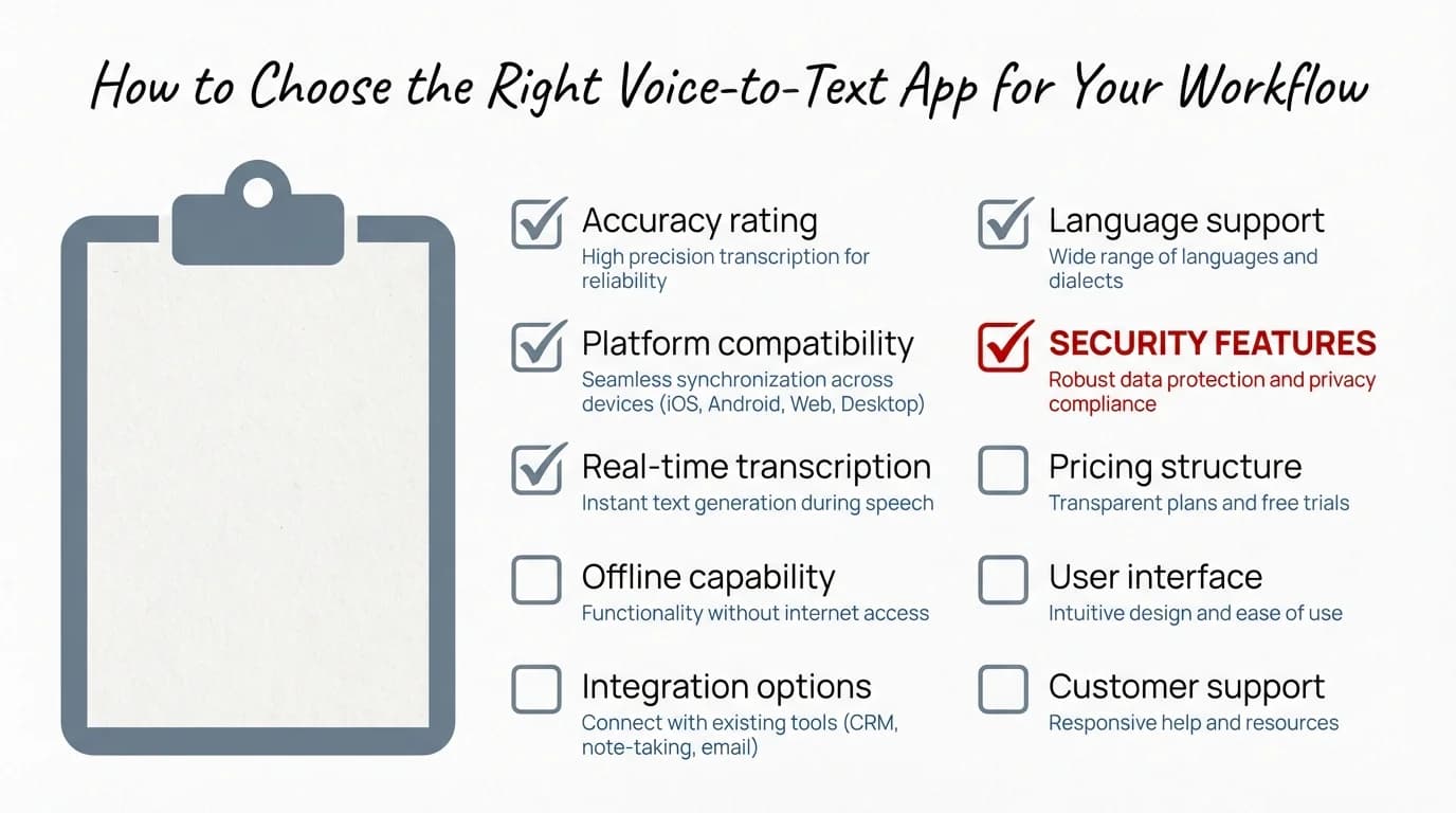 Step-by-step checklist for choosing the right voice-to-text app — platform, frequency, privacy, budget and more decision factors