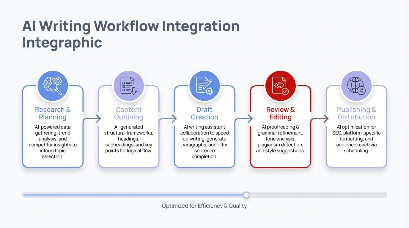 AI Writing Workflow Integration - Step-by-step guide showing how to integrate AI writing tools into your daily work routine for maximum productivity