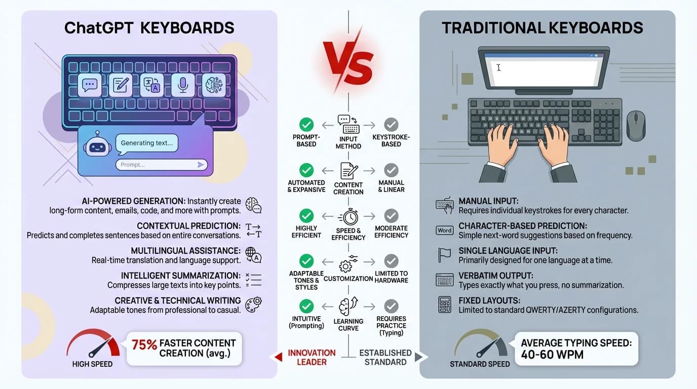 Comparison infographic showing key differences between ChatGPT keyboards and traditional keyboards