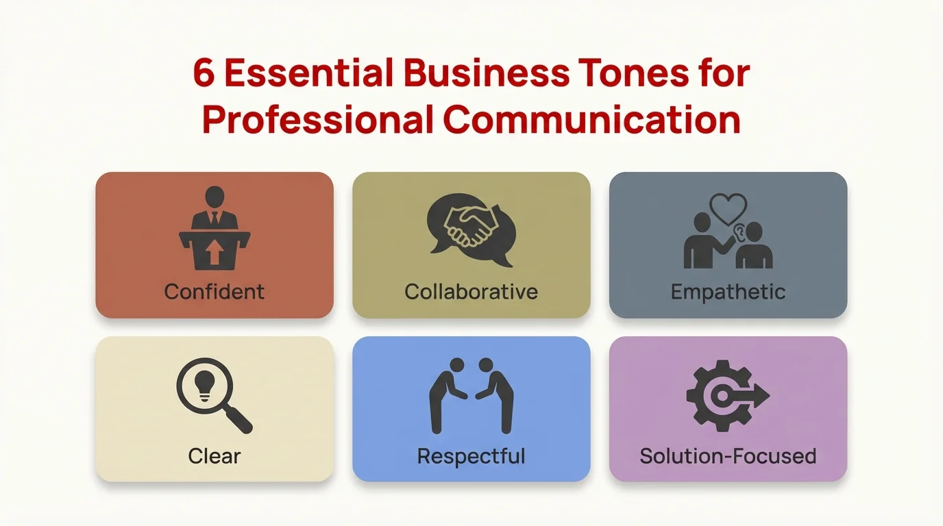 6 Essential Business Tones for Professional Communication - A visual guide showing Professional/Formal, Friendly/Conversational, Direct/Concise, Empathetic/Supportive, Persuasive/Motivational, and Apologetic/Corrective tones