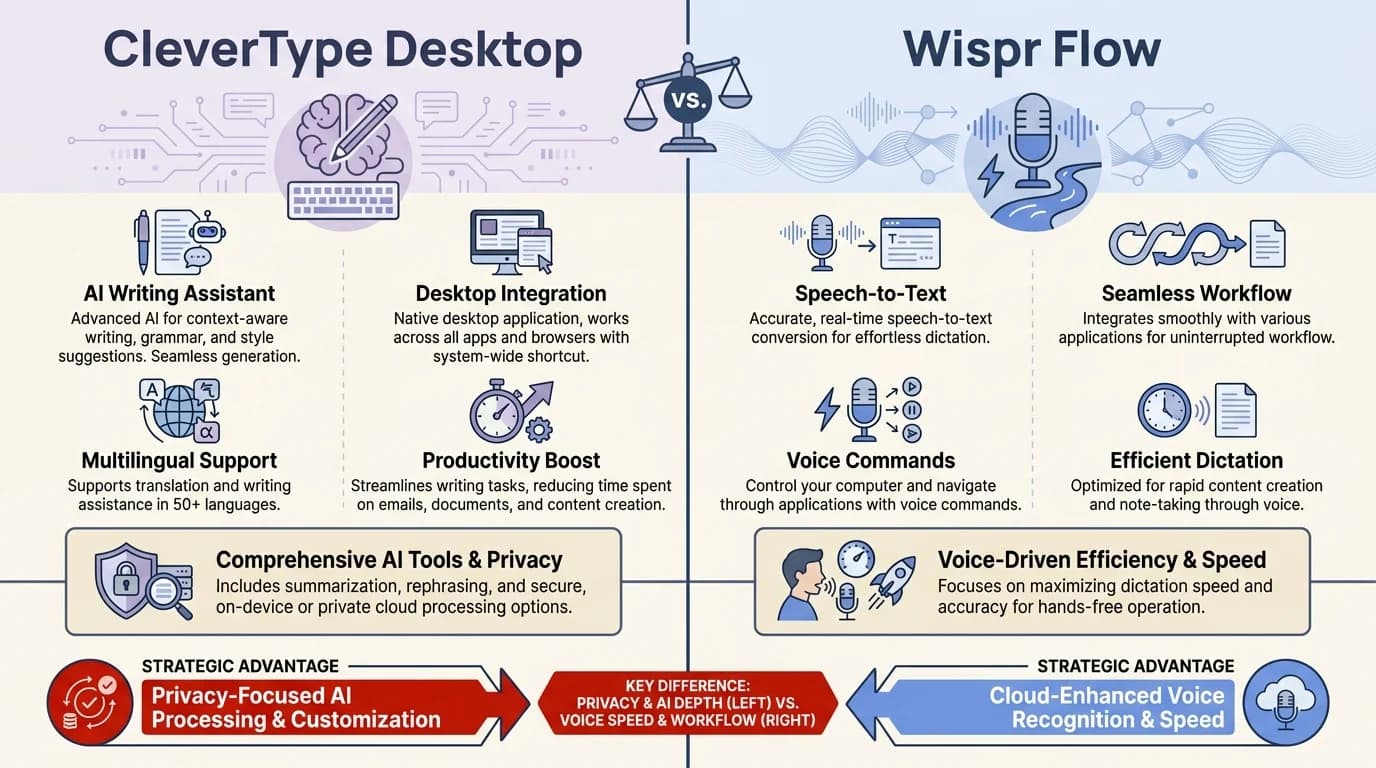 CleverType Desktop vs Wispr Flow privacy comparison: on-device processing versus cloud-based data handling