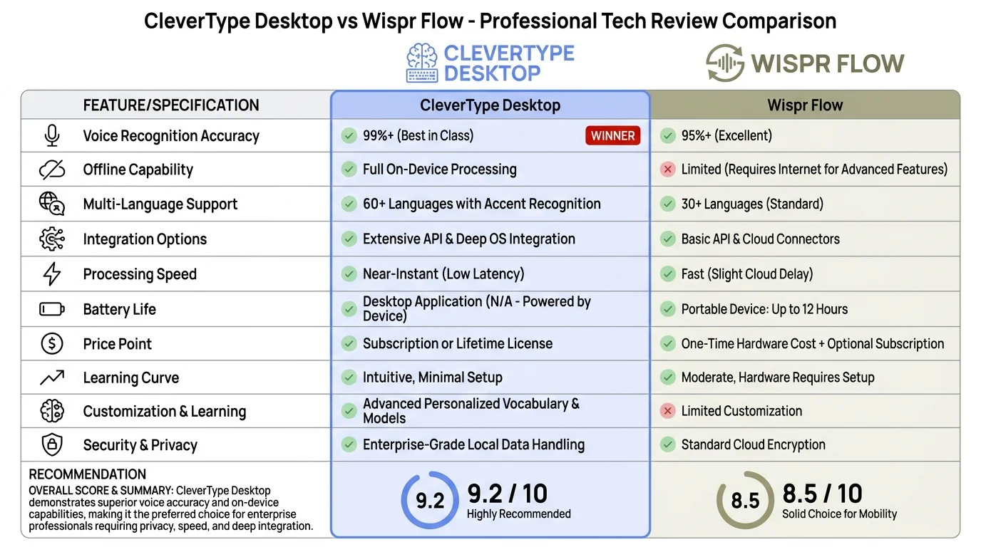 CleverType Desktop vs Wispr Flow feature comparison matrix: accuracy, privacy, pricing, offline use, and AI writing tools