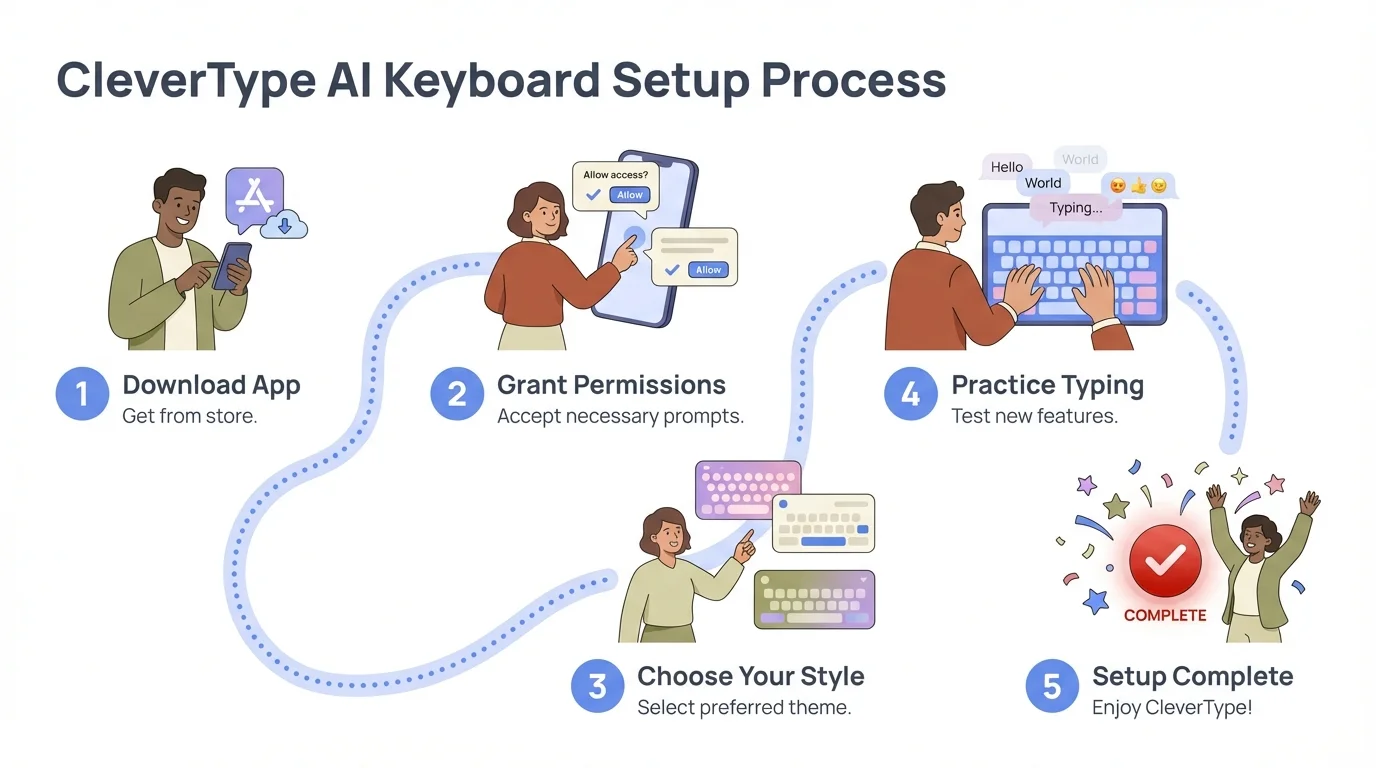 CleverType AI Keyboard Setup Process - Step-by-step visual guide showing download, permissions, customization, and completion