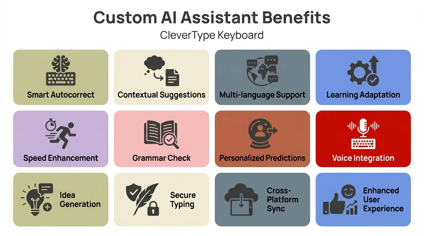 Custom AI Assistant Benefits for CleverType Keyboard - Visual guide showing key advantages of using AI-powered writing assistants for different contexts