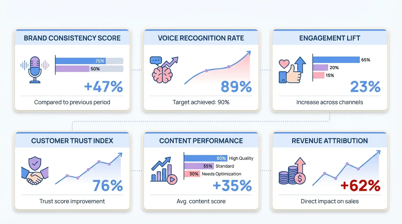 Dashboard showing ROI metrics for brand voice consistency including customer trust, revenue impact, and time savings