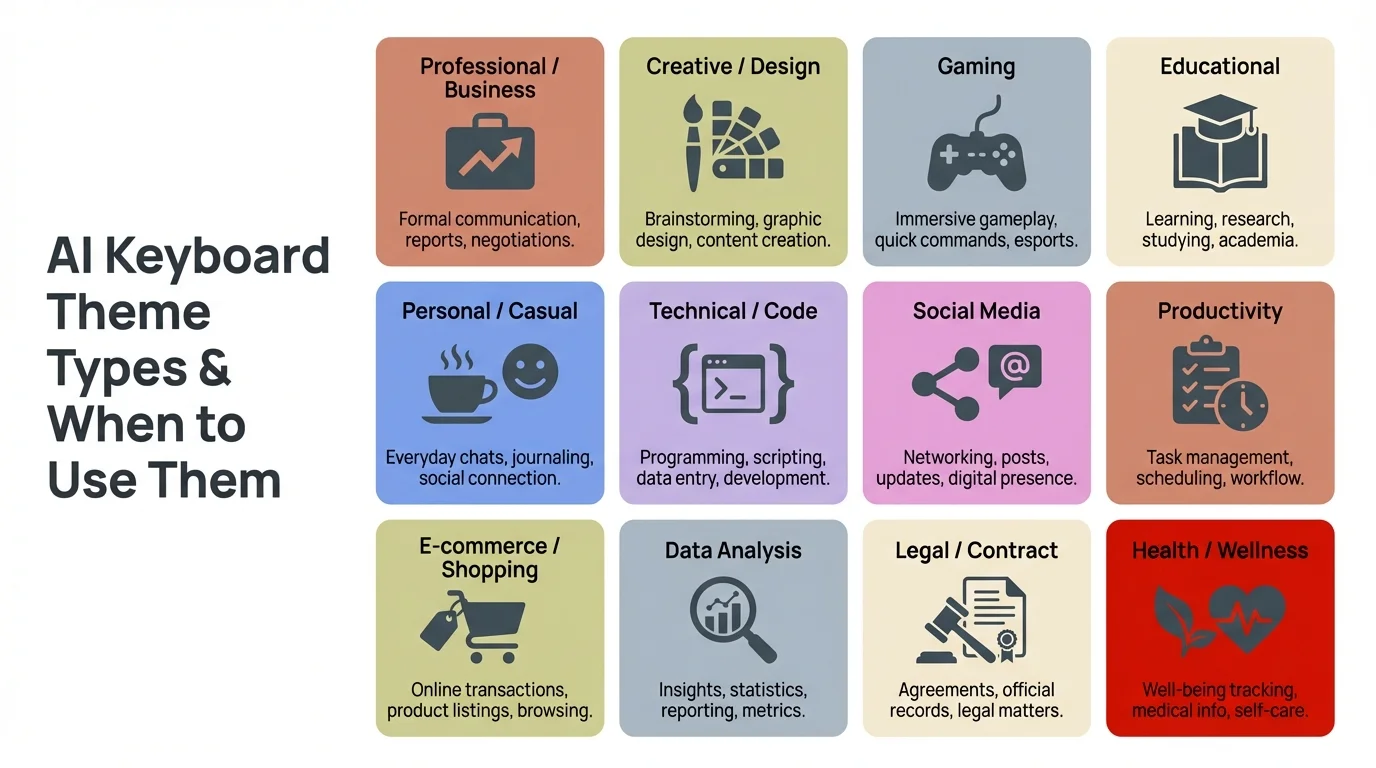 AI keyboard theme types overview: Dark/AMOLED, Gradient, Nature Photo, Minimal, Animated, and Seasonal themes with ideal use cases for each style