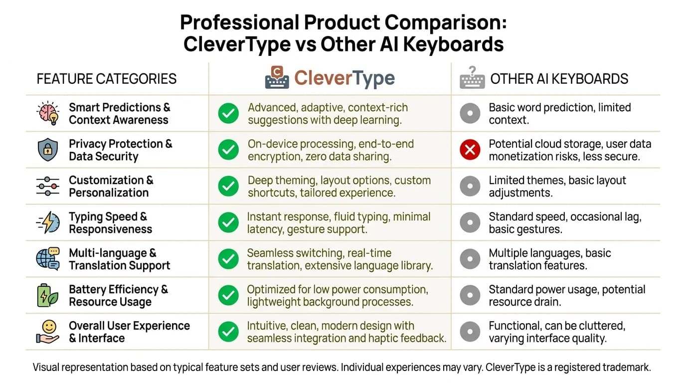 CleverType vs Other AI Keyboards: feature comparison matrix showing smart predictions, privacy protection, multi-language support, speed, and user experience
