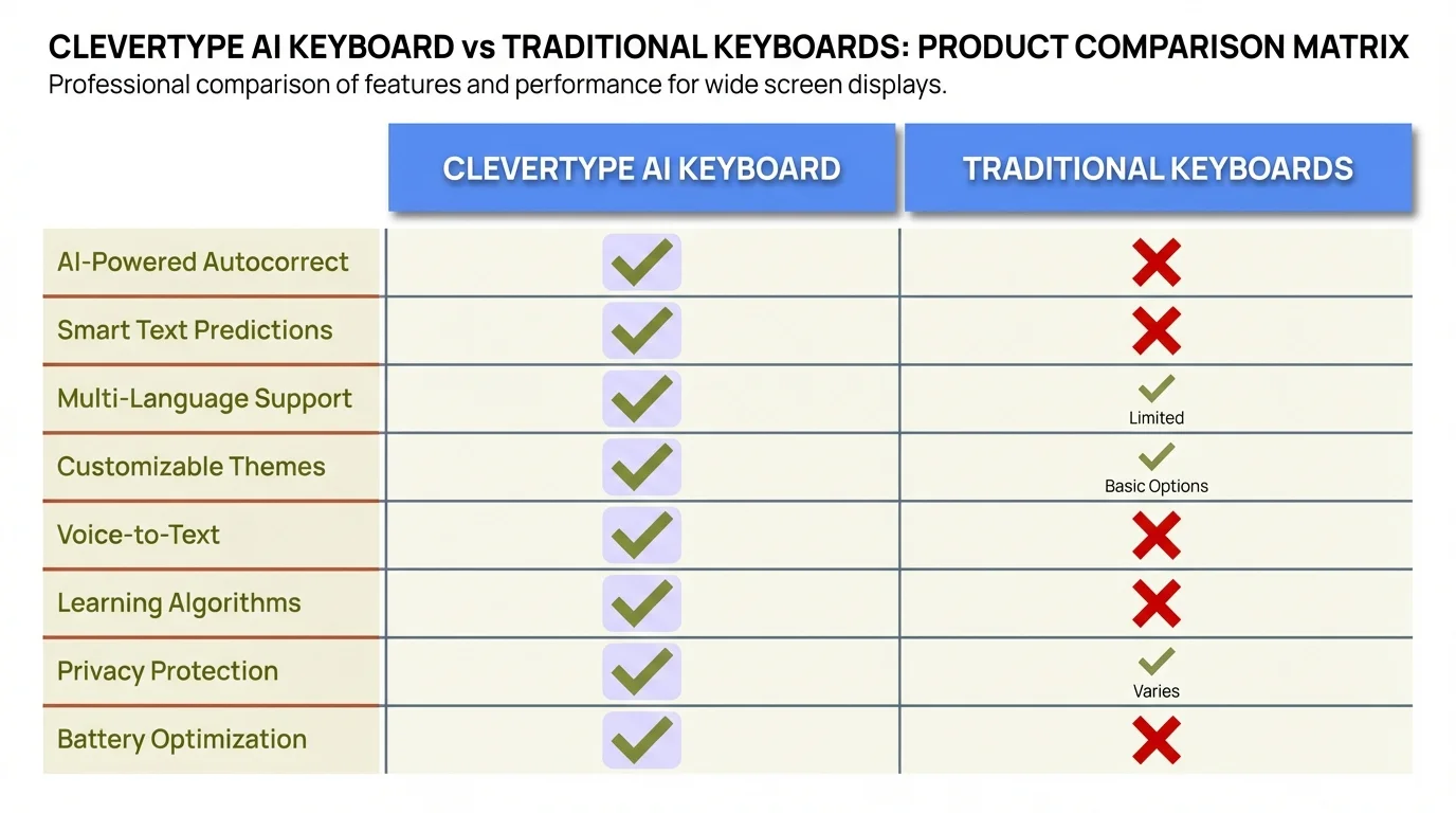 CleverType AI Keyboard vs Traditional Keyboards - Feature Comparison Matrix showing superior Hinglish support, contextual predictions, and on-device learning
