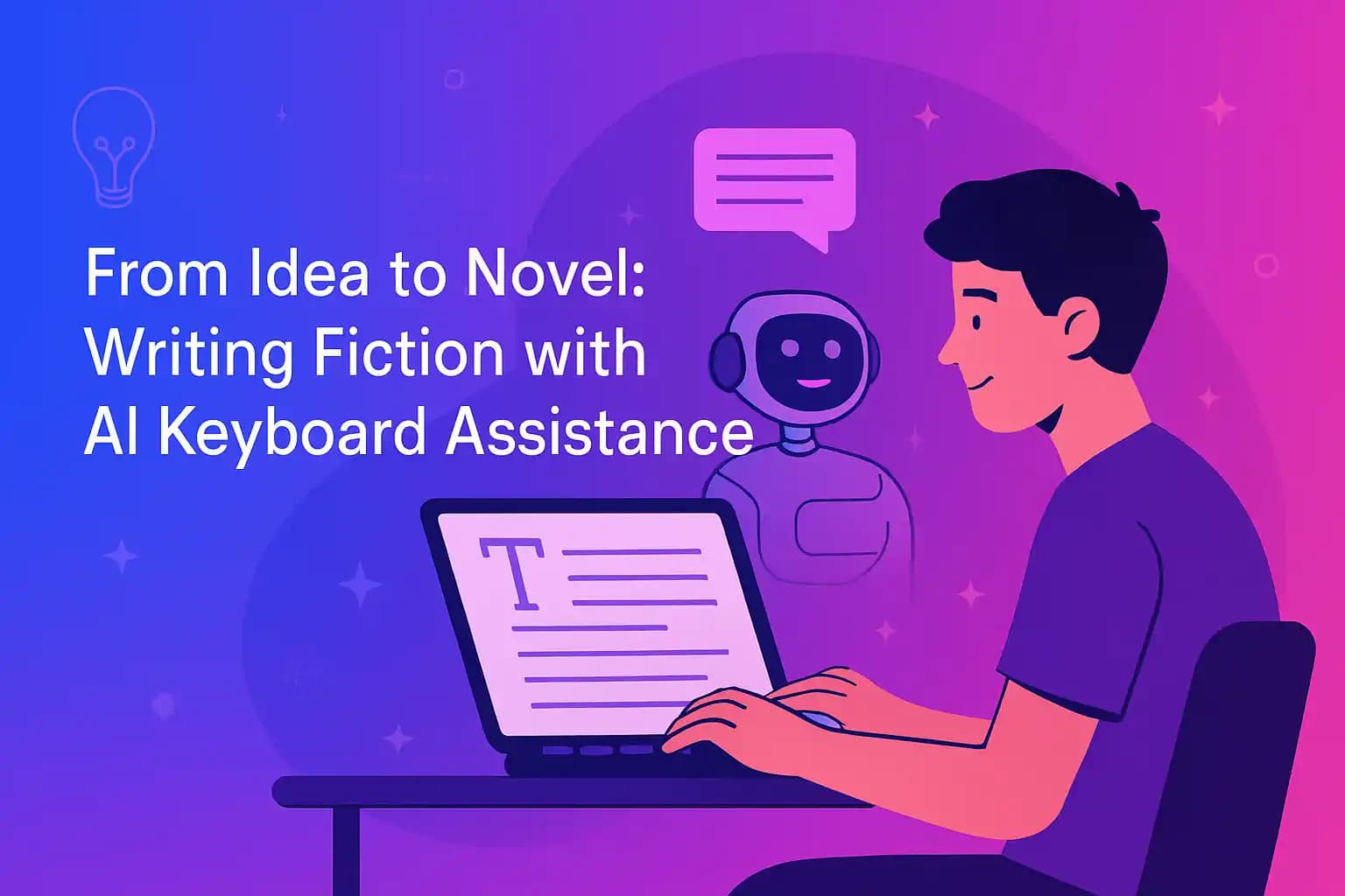 A writer using AI keyboard assistance to write a novel