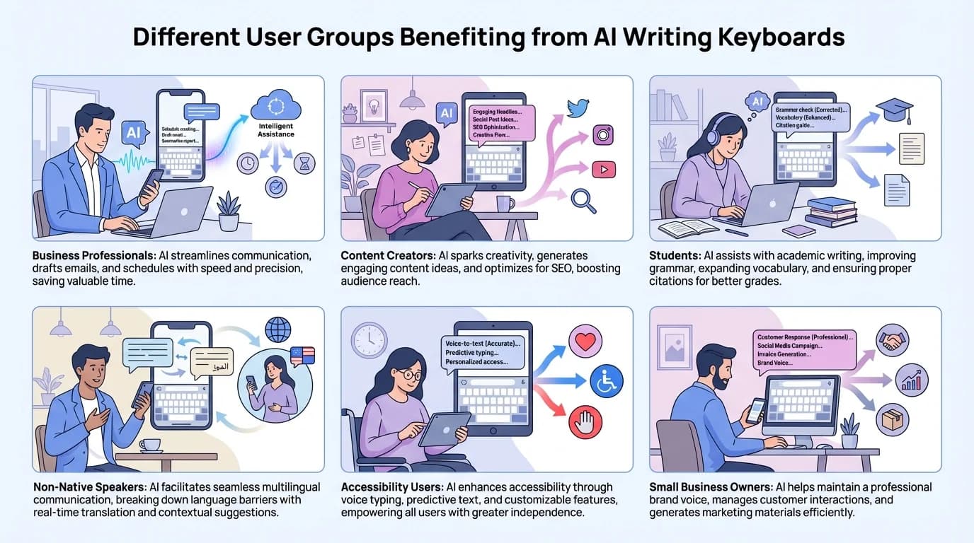 Visual journey showing how different user groups benefit from AI writing keyboards - from students to CEOs, non-native speakers to content creators