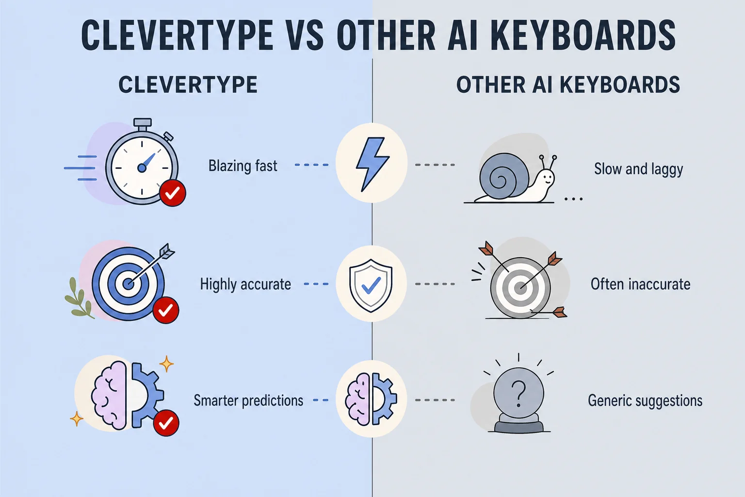 Comparison infographic of CleverType versus other AI keyboards on speed, accuracy, and smart prediction