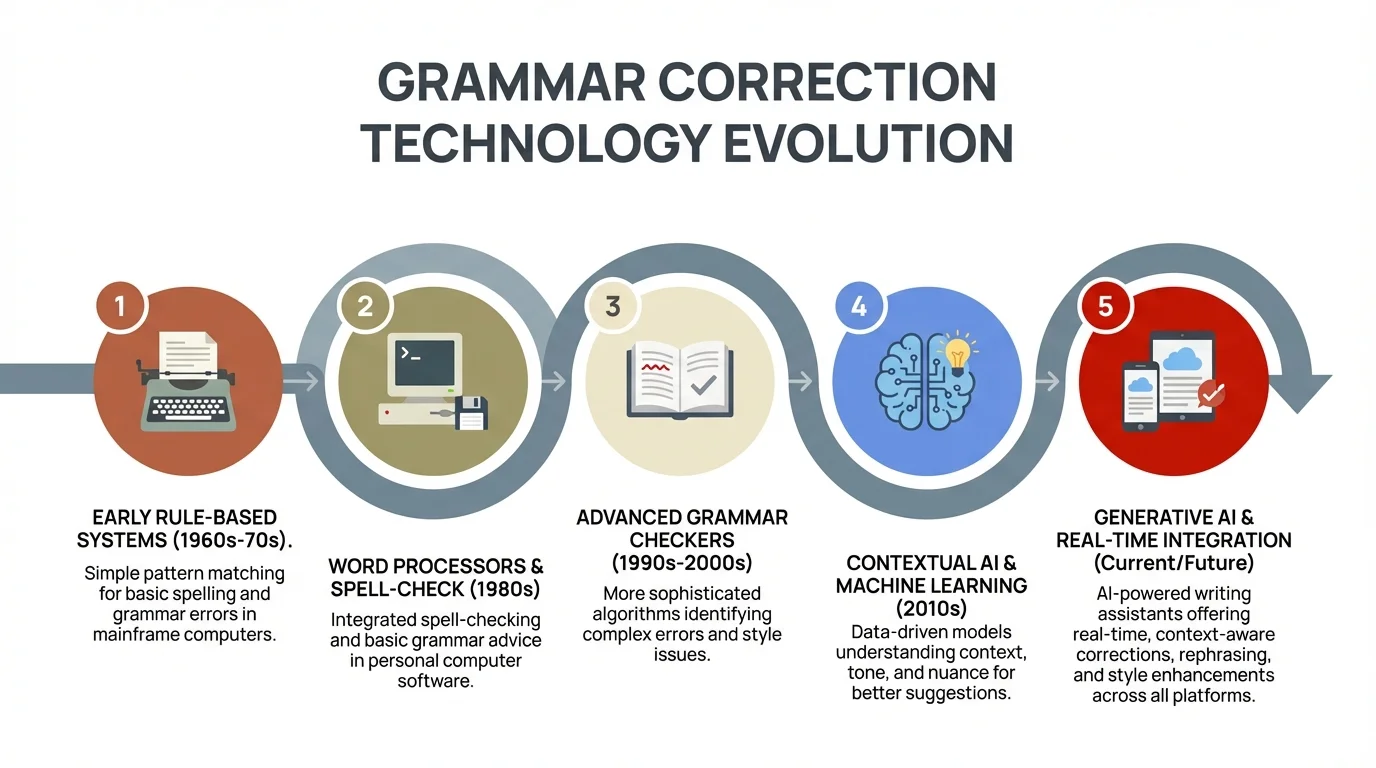 Timeline showing the evolution of grammar correction technology from basic spell checkers to AI-powered assistants