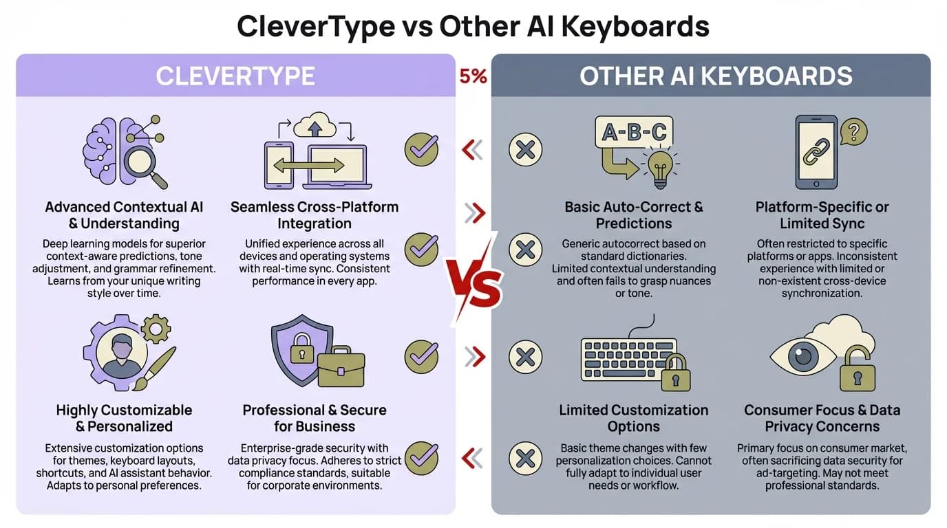 CleverType vs Other AI Keyboards - feature comparison showing Grammar Fix, Tone Change, Smart Reply, Translation, and ChatGPT integration versus limited features in Gboard, SwiftKey, and Samsung Keyboard