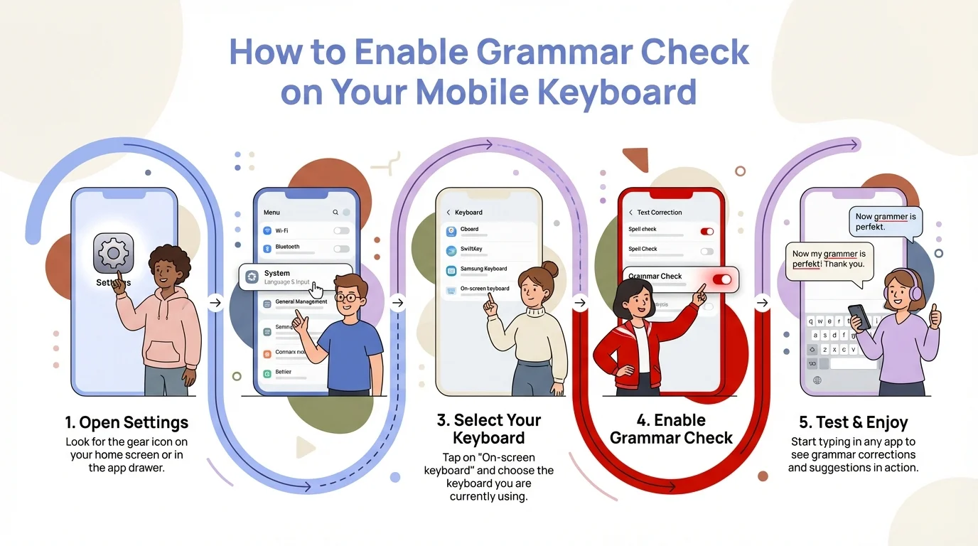 Step-by-step process to enable grammar check on mobile keyboard showing settings navigation and setup instructions
