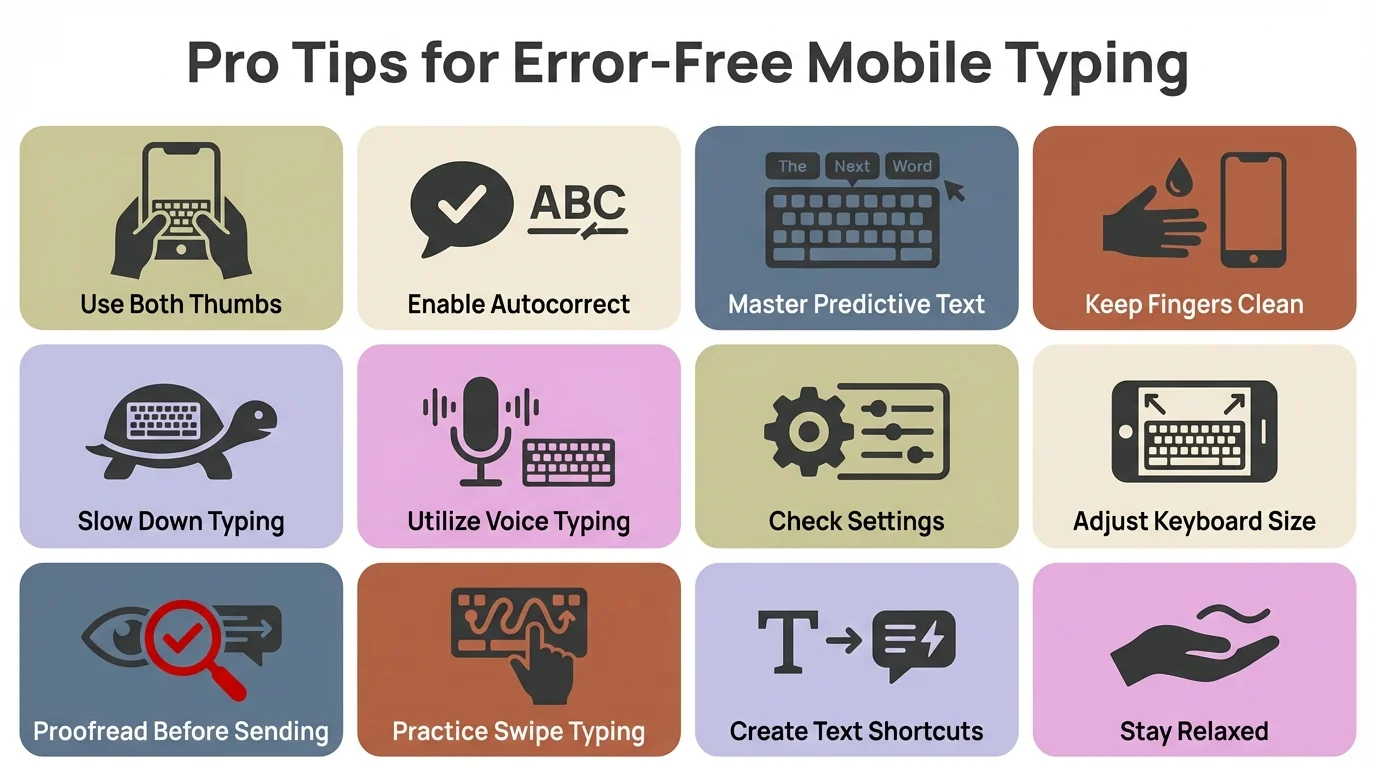 Grid of pro tips for error-free mobile typing including techniques, shortcuts, and best practices