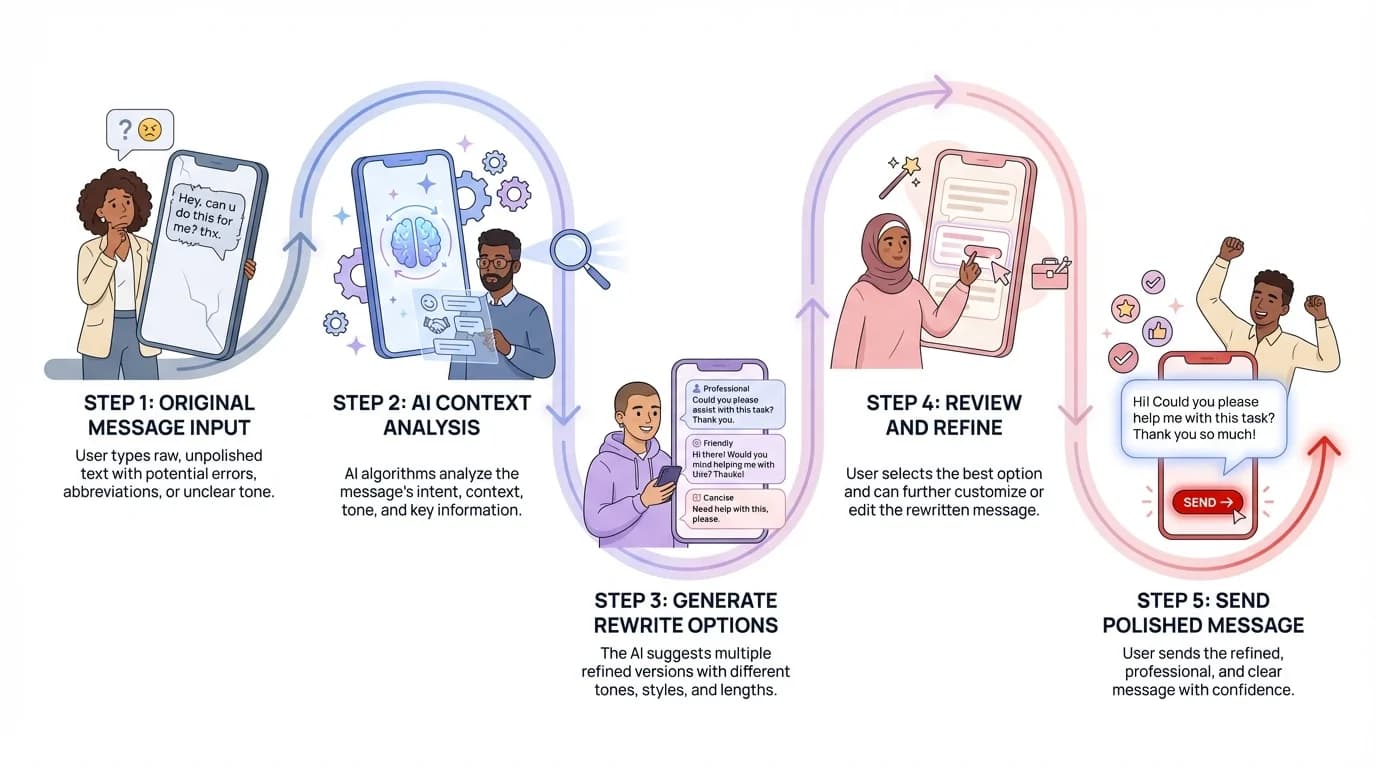 Step-by-step process of AI message rewriting on mobile devices showing how messages transform from rough text to polished communication