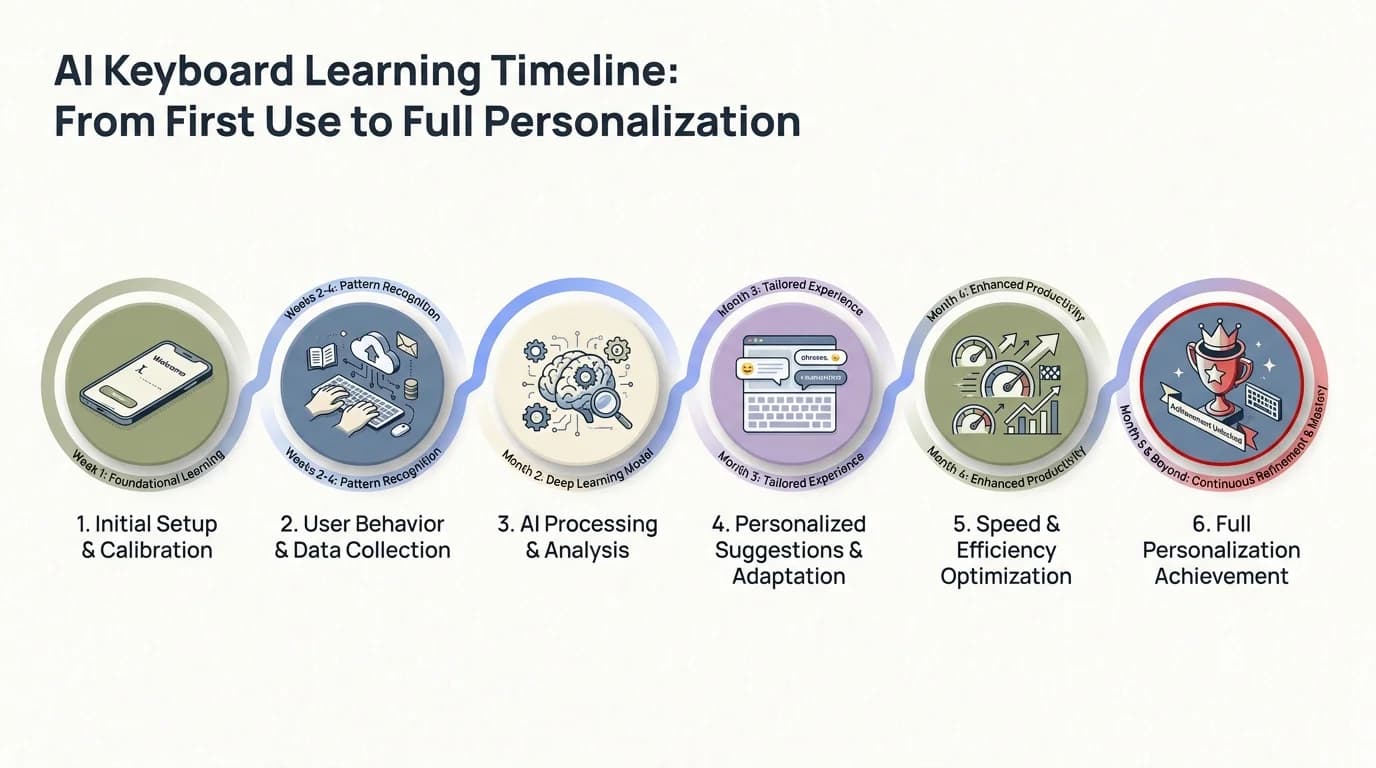AI keyboard learning timeline infographic showing milestones from first use through days 1-3, weeks 1-4, and month 2+ to reach full personalization