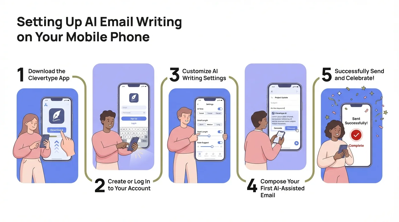 Step-by-step process for setting up AI email writing on your mobile phone — download, configure, and start using CleverType