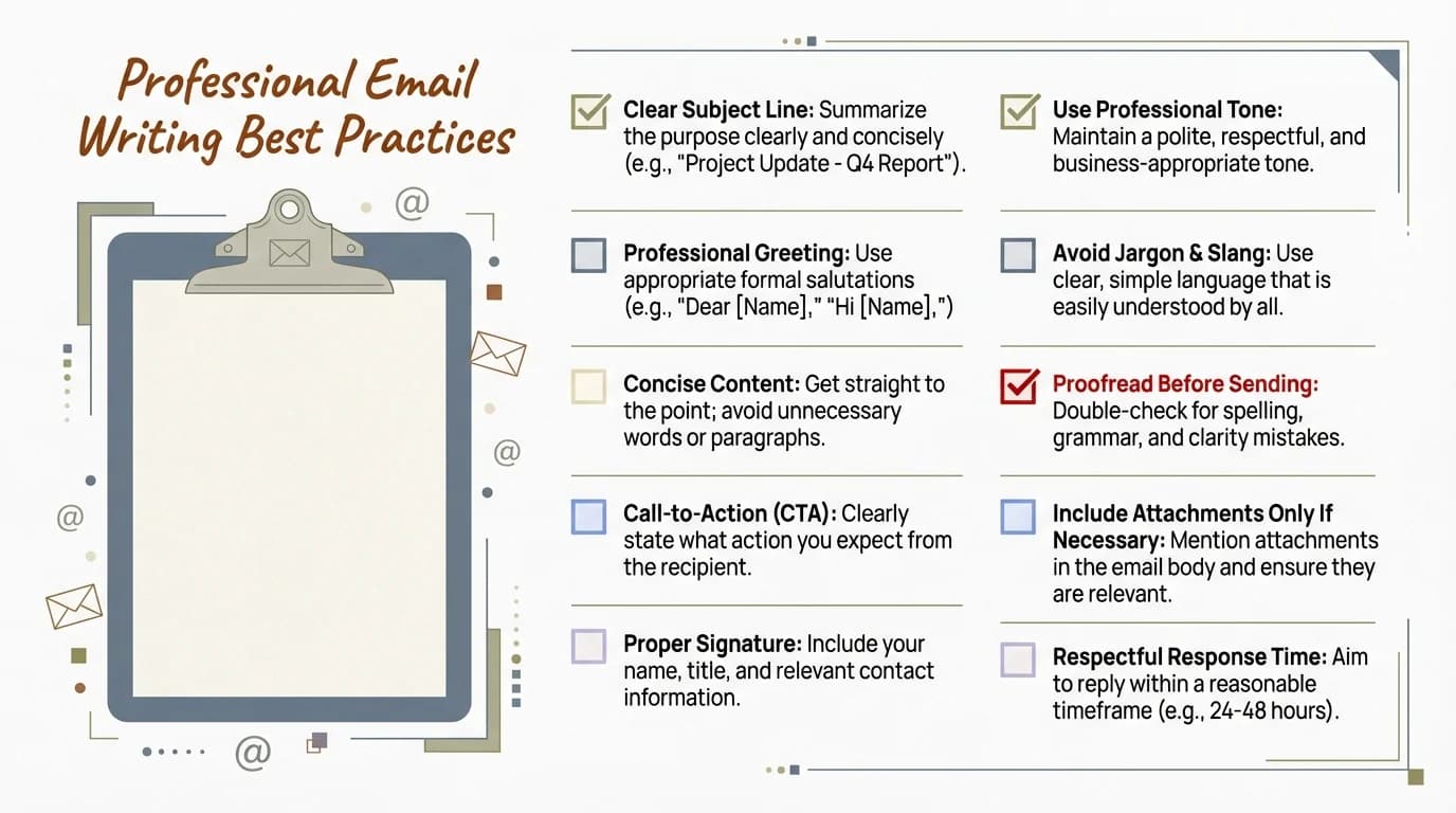 Professional email writing best practices checklist infographic