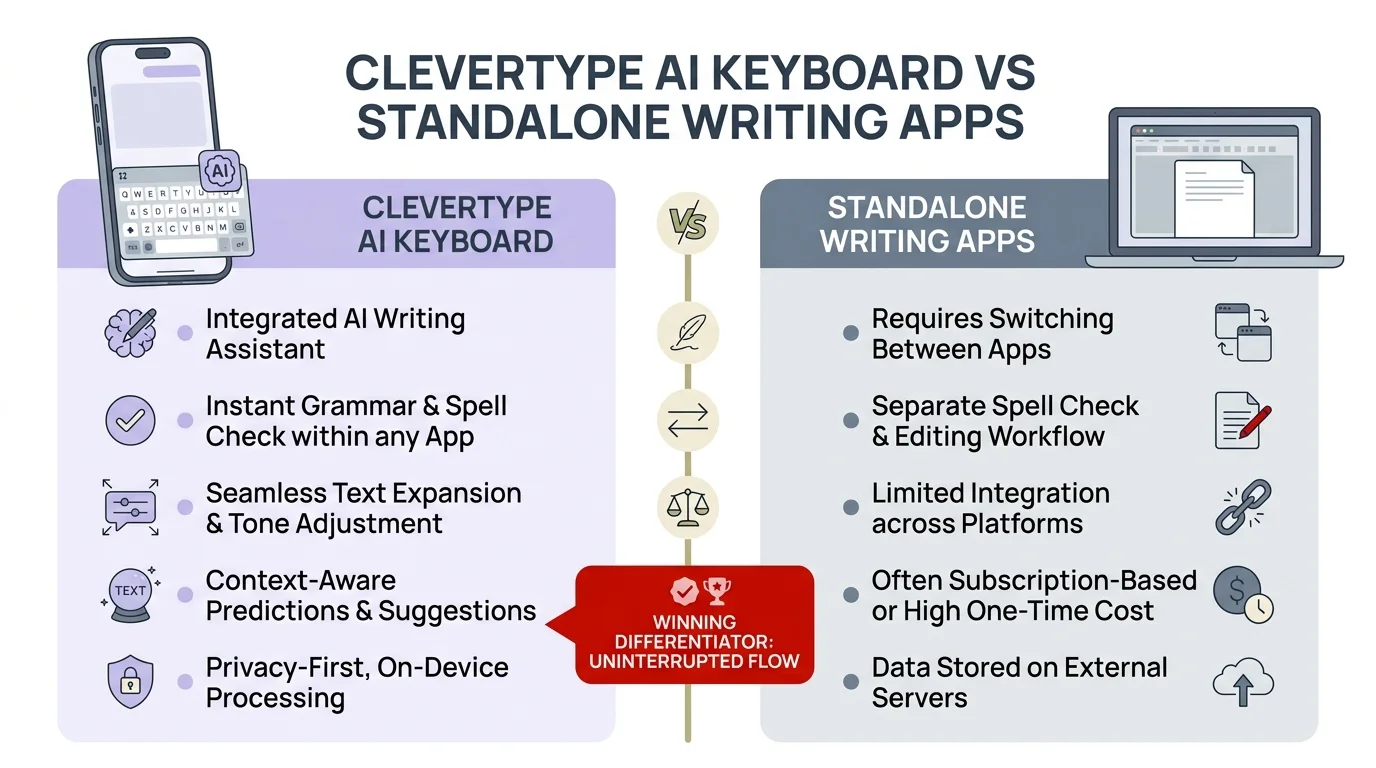 CleverType AI Keyboard vs Standalone Writing Apps: side-by-side feature comparison infographic